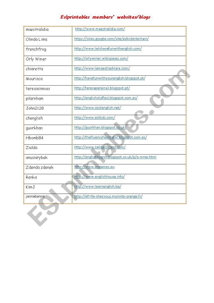 Eslprintables members websites and blogs