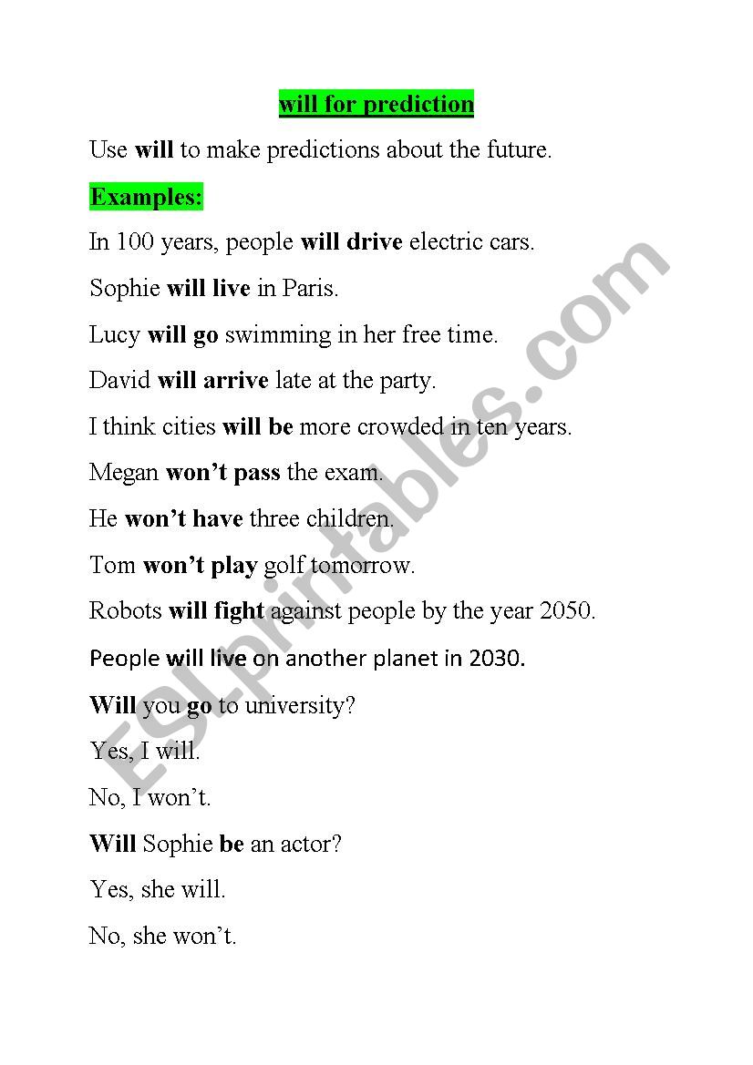 will for prediction worksheet