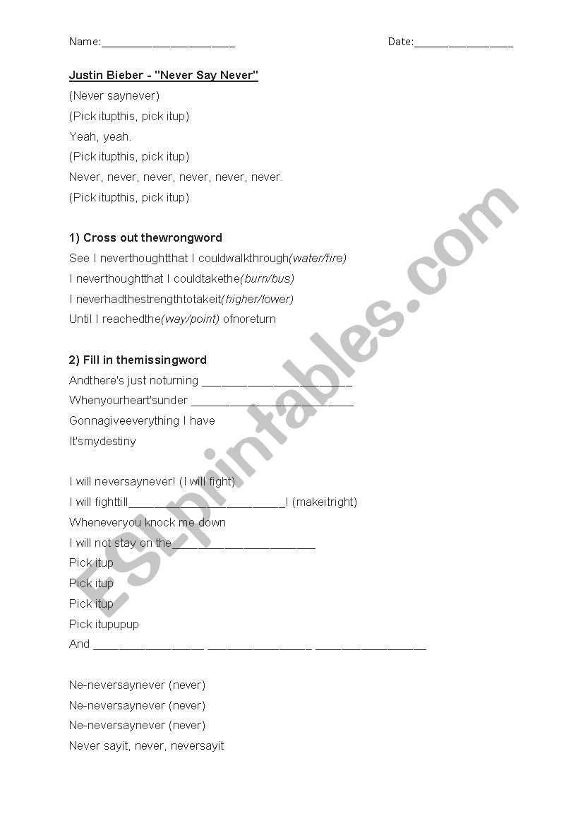 Justin Bieber Never Say Never worksheet