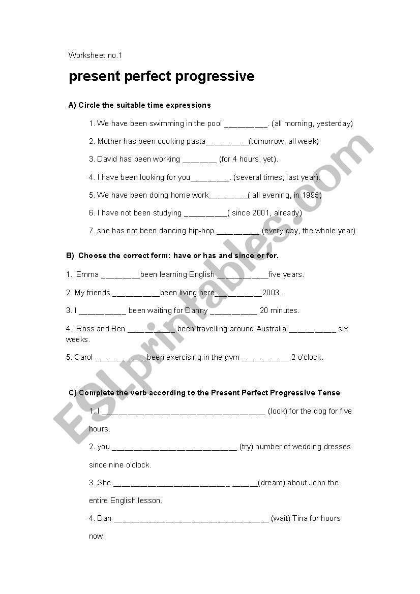 Present perfect Progressive worksheet