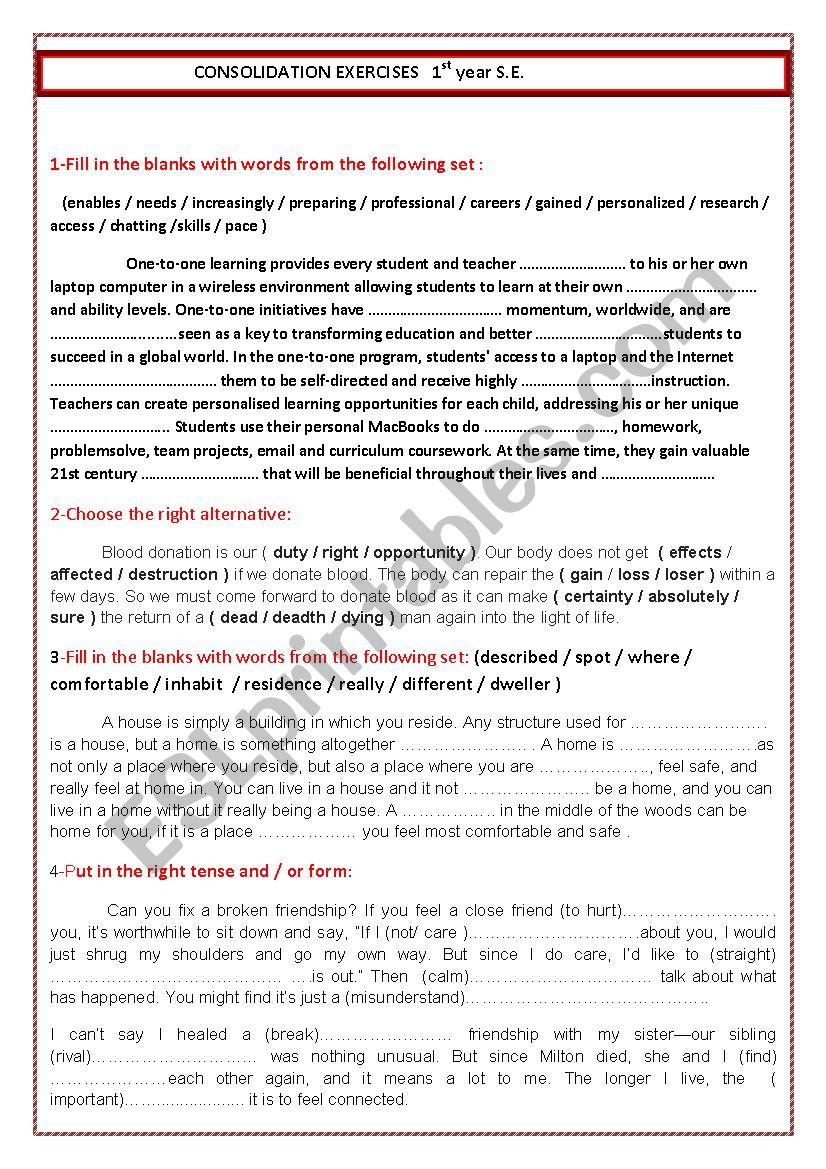 Consolidation exercises for 1st year S.E.