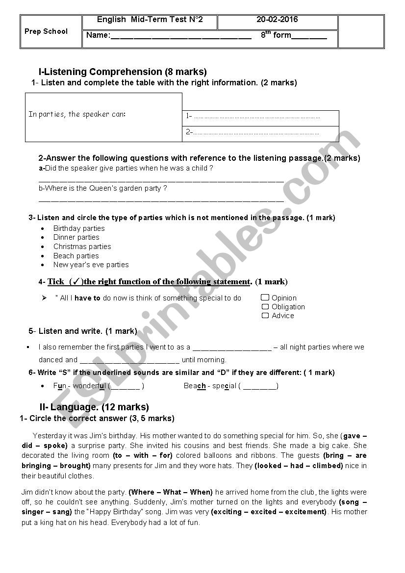 8th form mid term test 2  worksheet