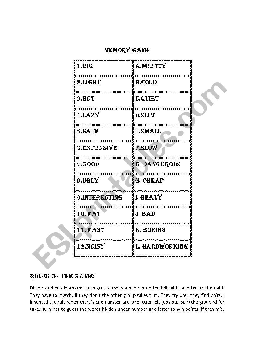 Adjectives - opposites, memory game 1.