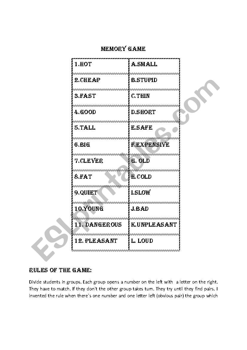 Adjectives - opposites, memory game 2