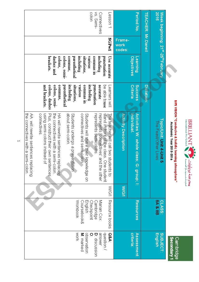 Short term weekly plan worksheet