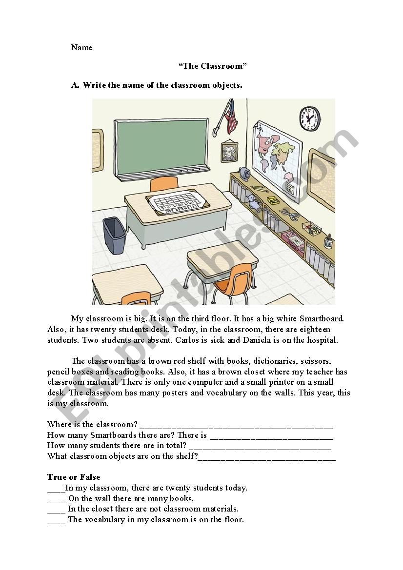 The Classroom - Reading Prepositions of Place