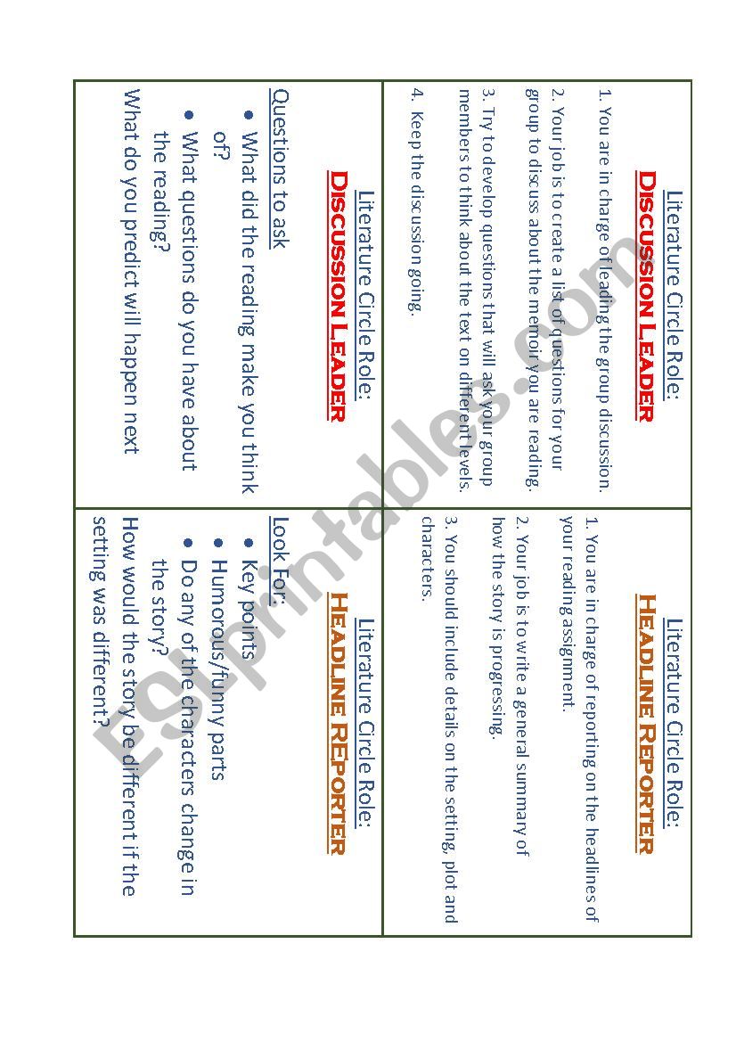 Literature Circle Role Cards and Job Descriptions