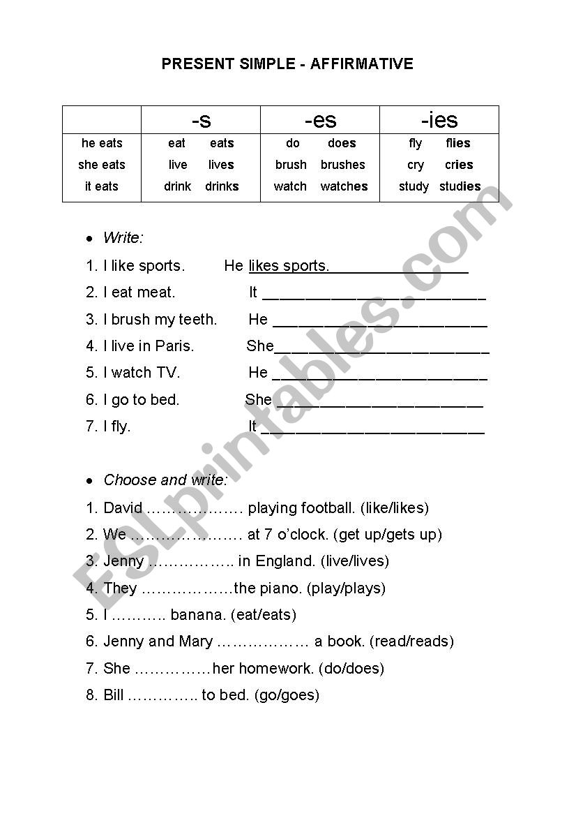 Present simple - affirmative worksheet