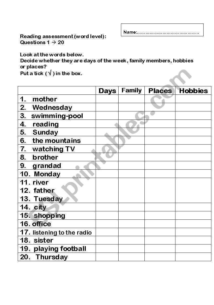 Classifying words worksheet