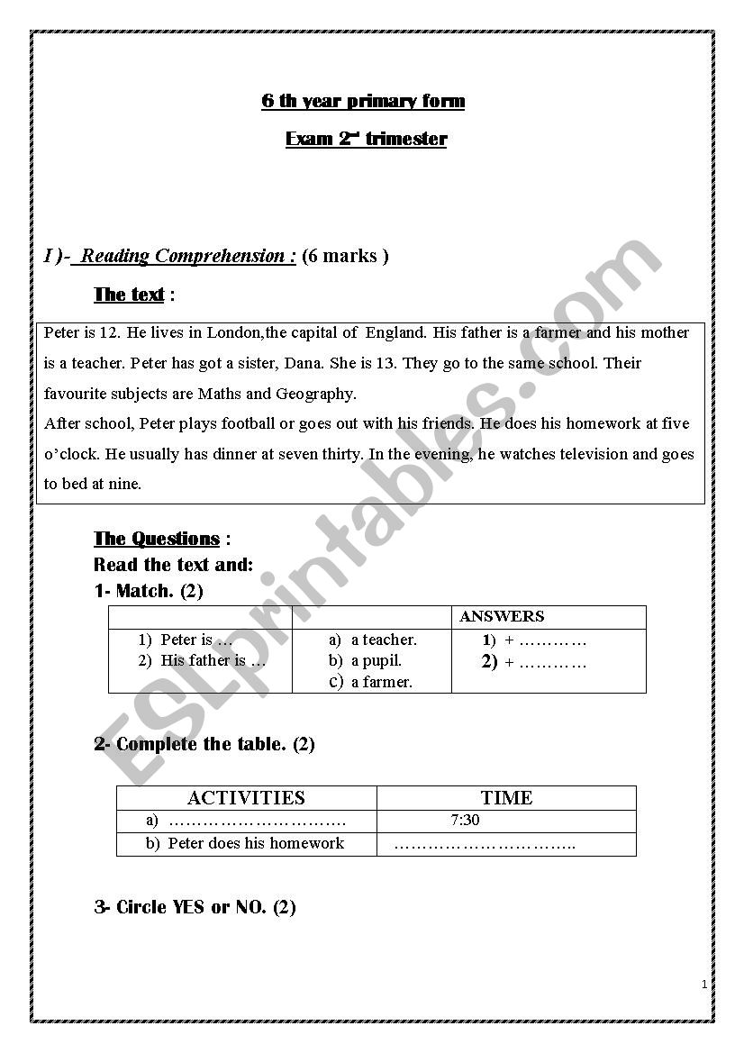 2 nd trimester exam for 6th year basic form