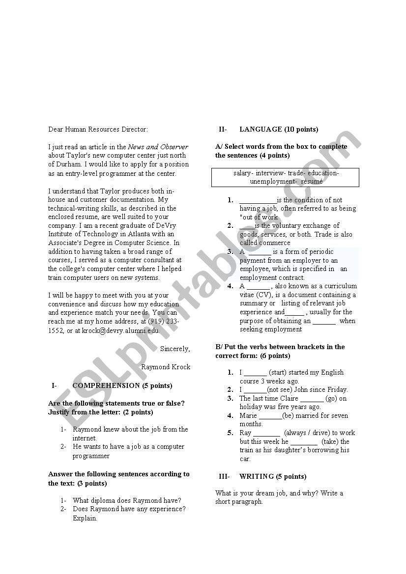 an application letter worksheet