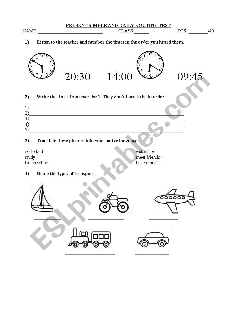 Daily Routine Test worksheet