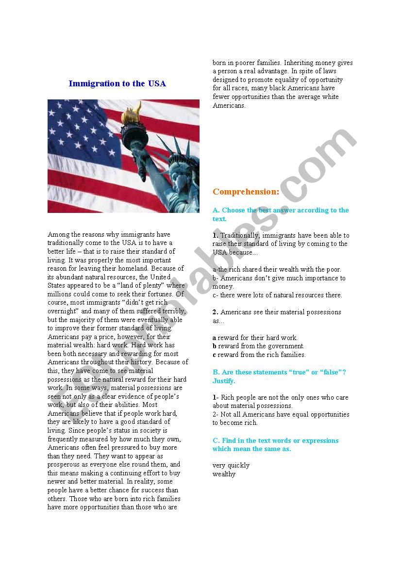 immigration to the USA worksheet