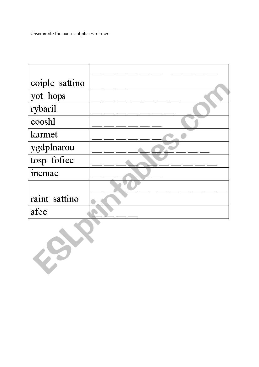 Places in town wordscramble worksheet