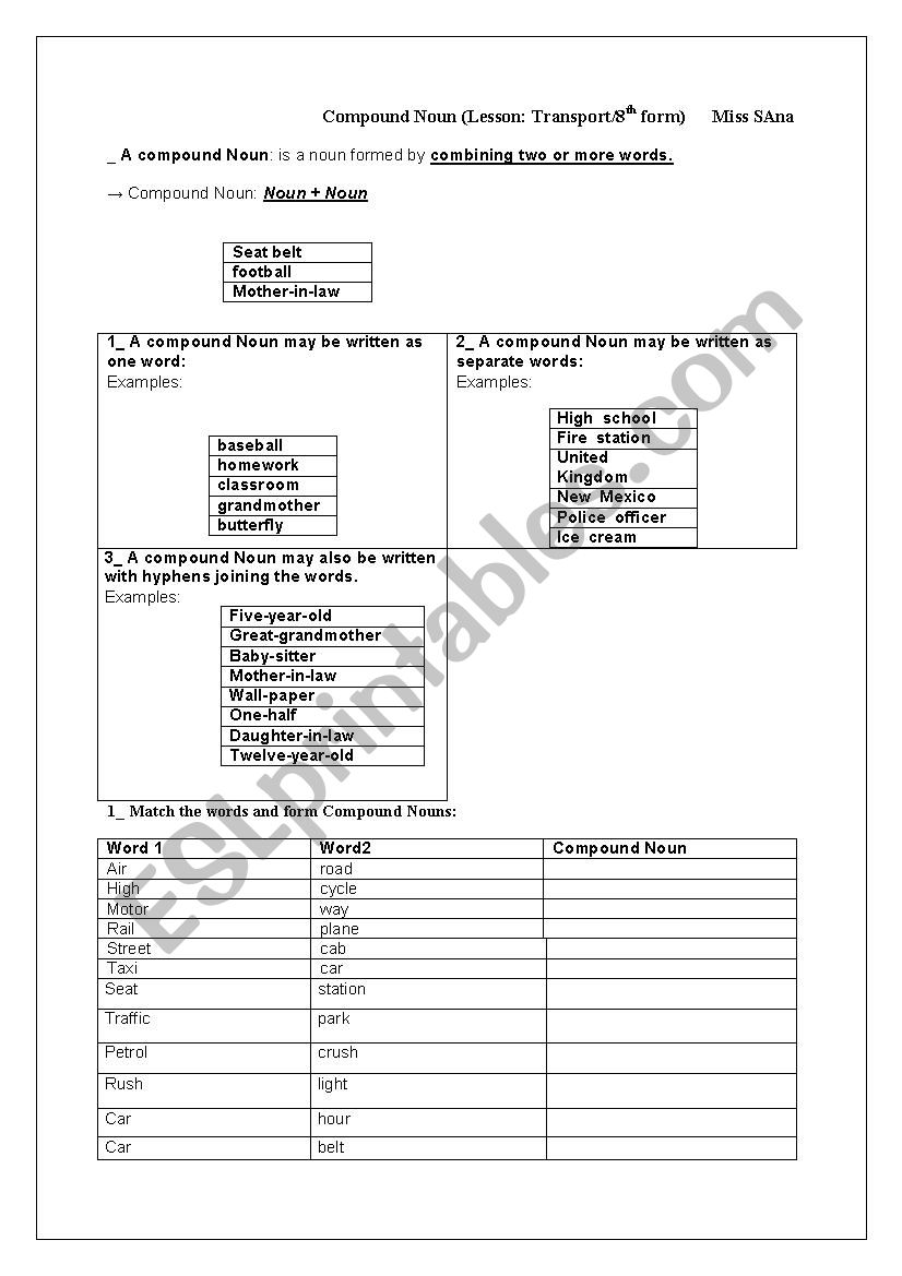Compound Noun (Lesson: Transport /8th form)  