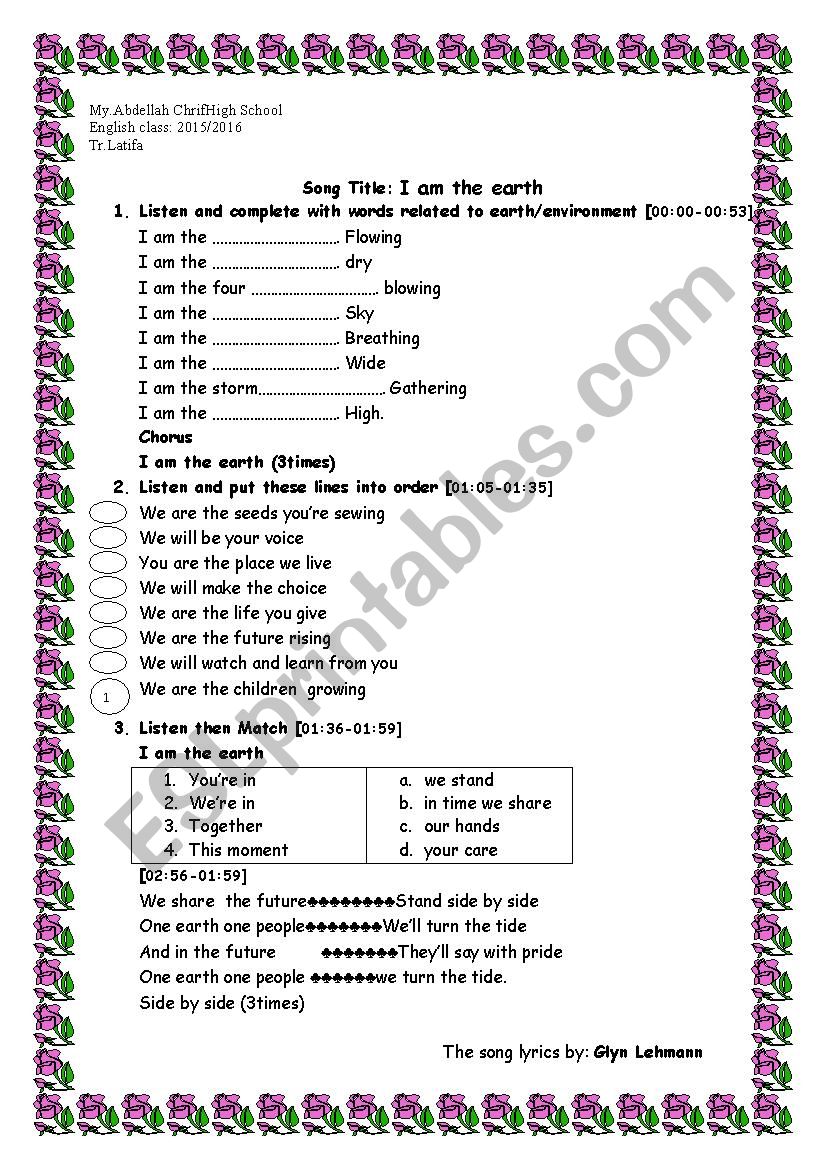 Earth song worksheet