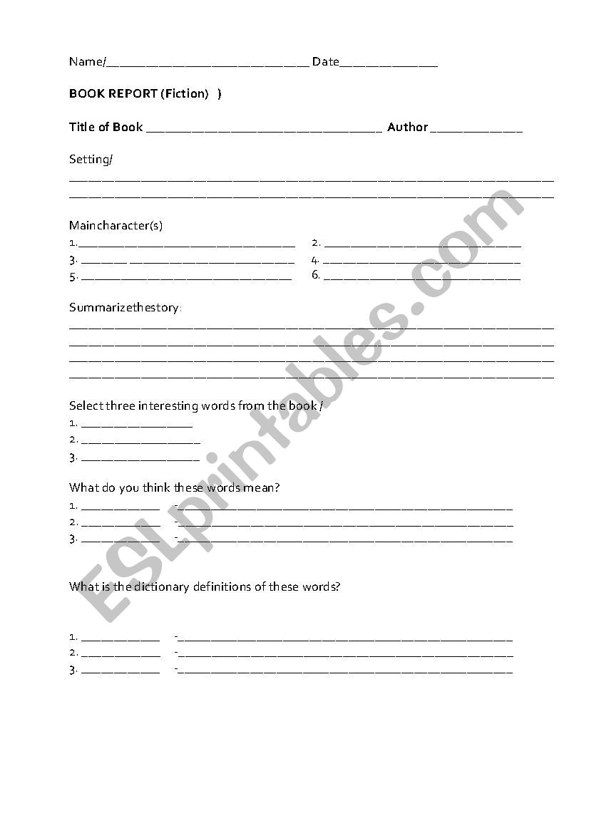 Fiction book report form  worksheet