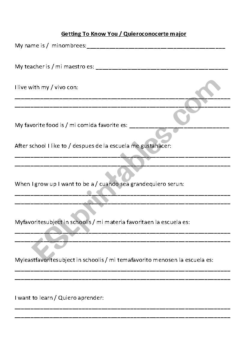 Getting to Know You worksheet