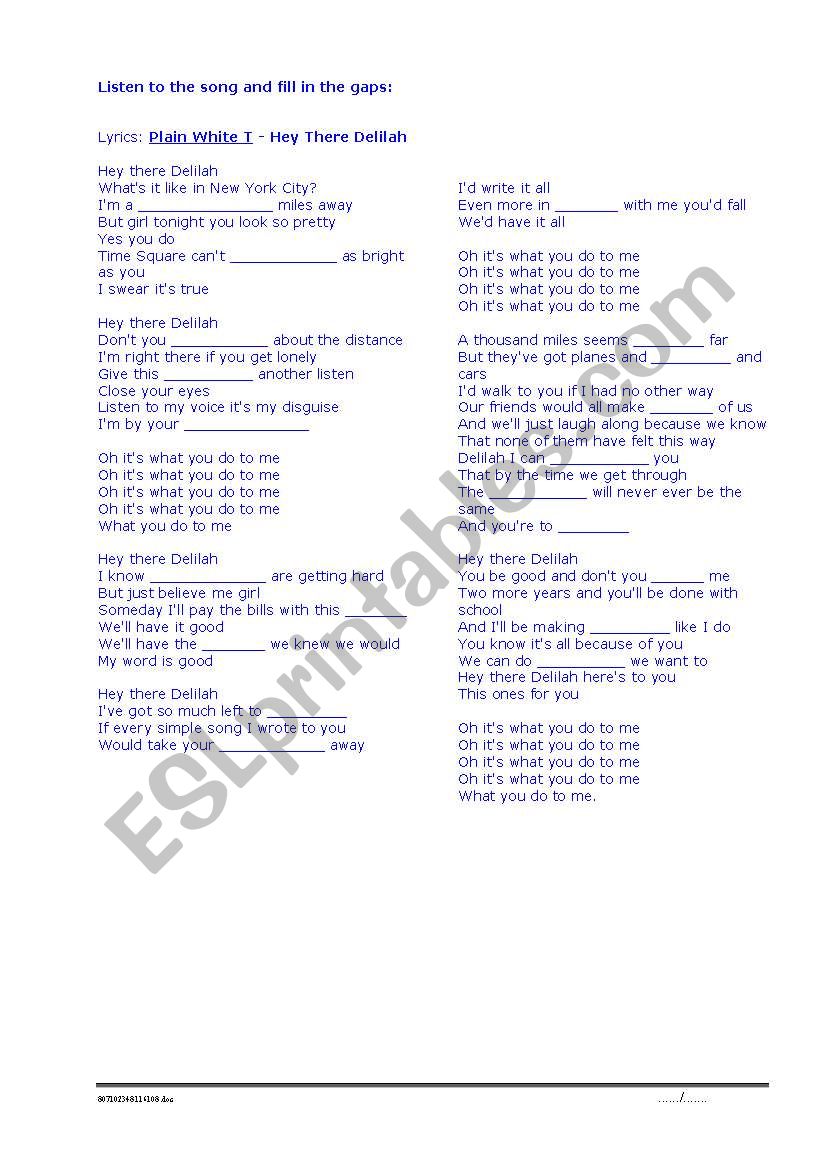 Hey Dalilah song worksheet