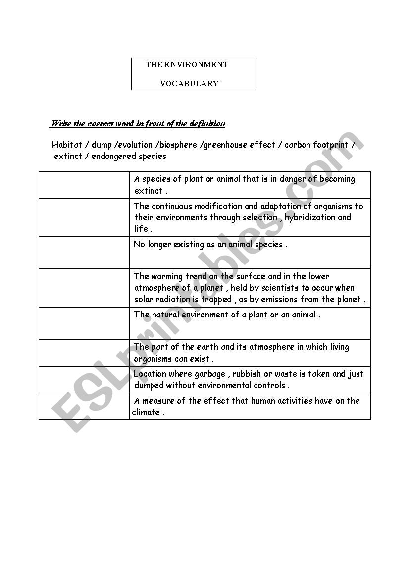 the environment worksheet