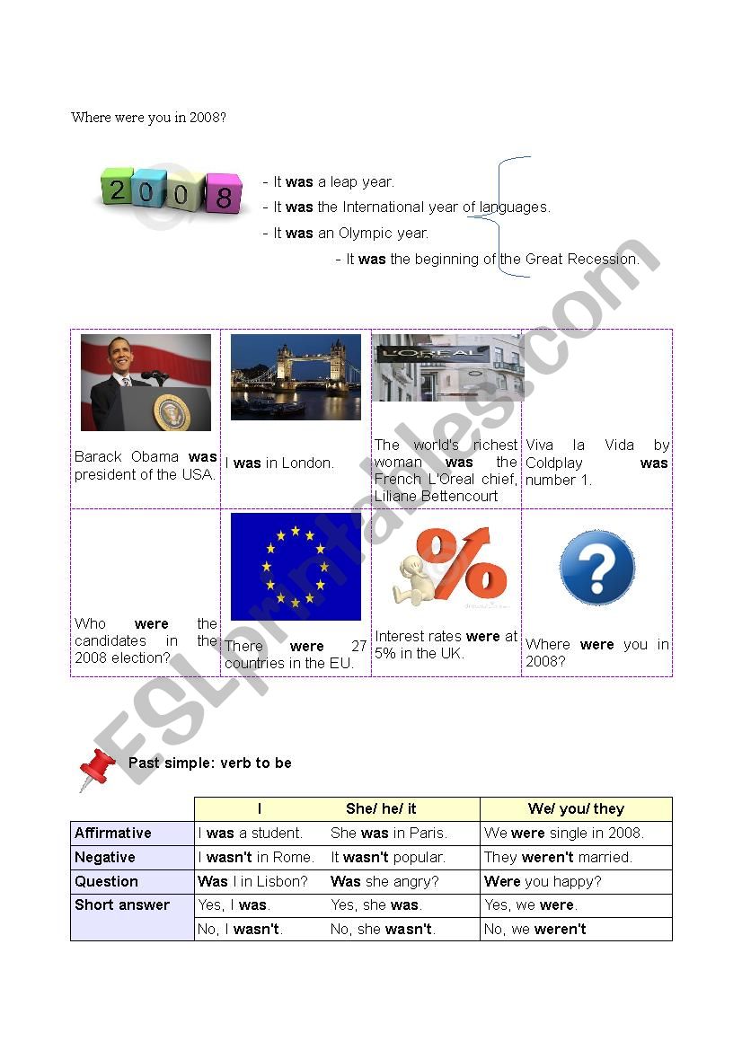 Where were you in 2008? Past simple of verb be