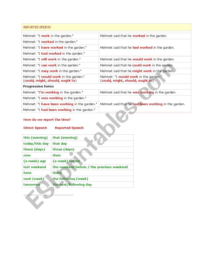 Reported Speech worksheet