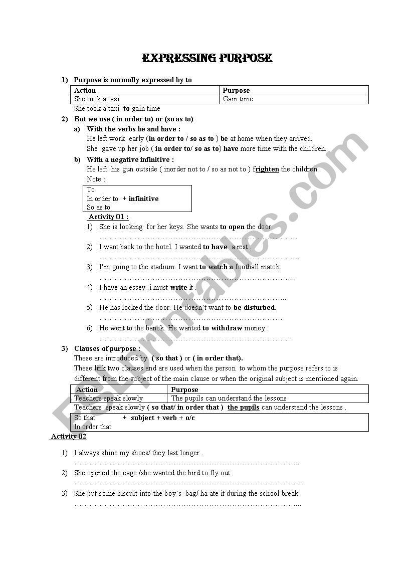 Expressing purpose worksheet