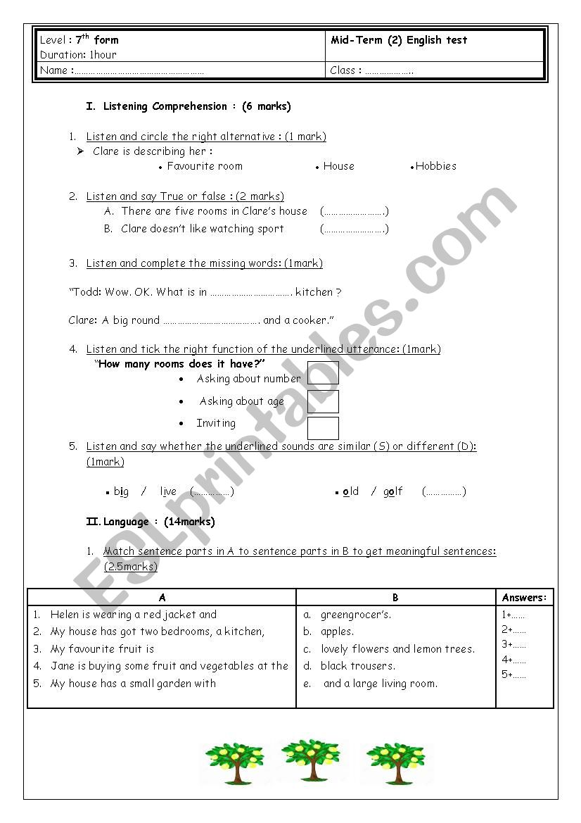 7th form mid-term 2 English test