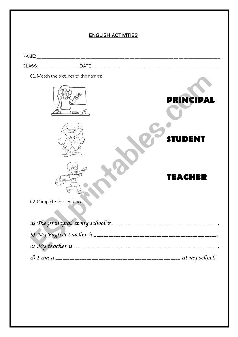 Teacher Student Principal worksheet