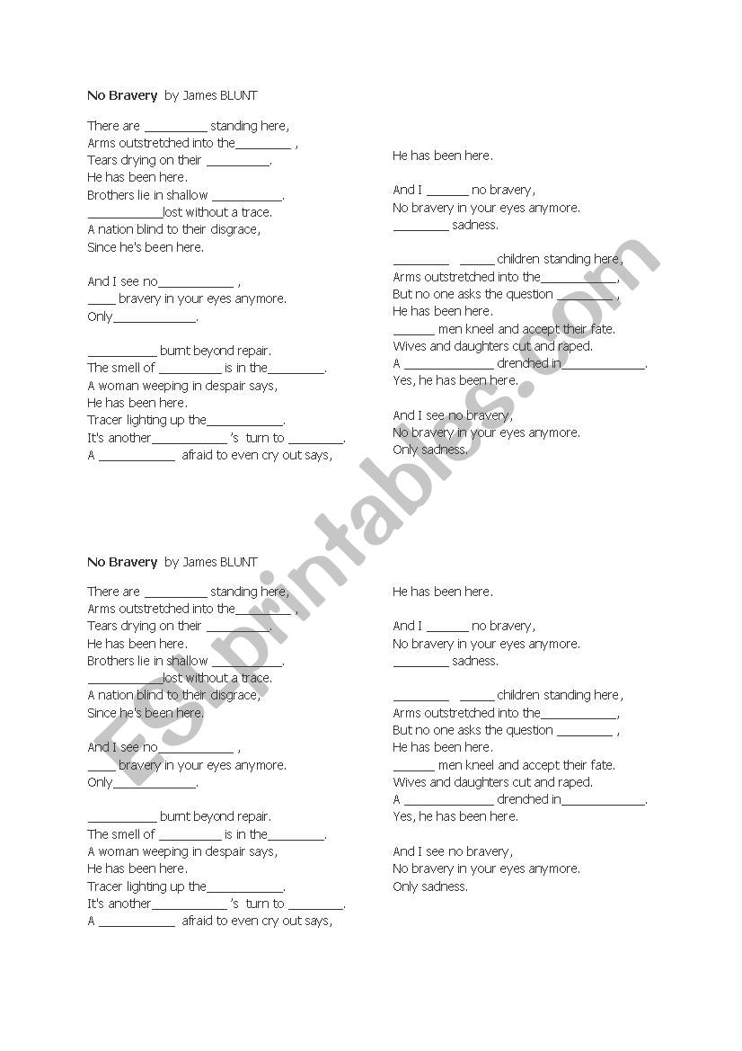 Song No Bravery James Blunt worksheet