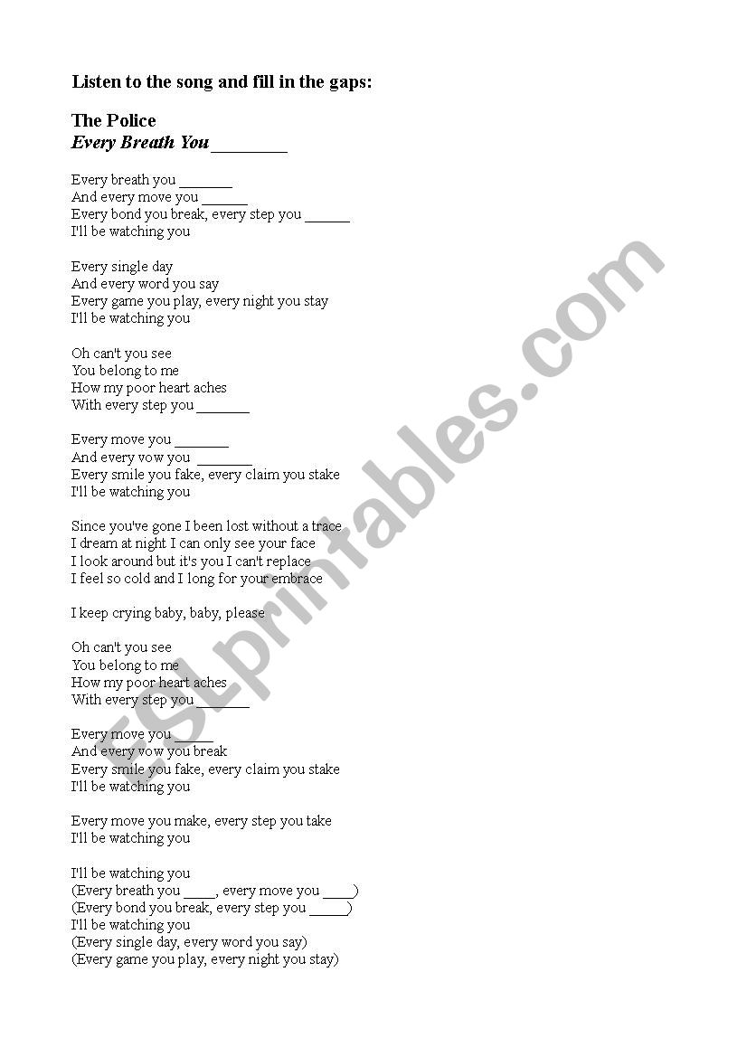Song: Every breath you take worksheet