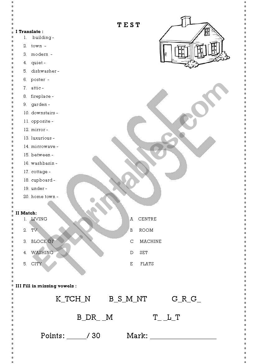 HOUSE - topic vocabulary test worksheet