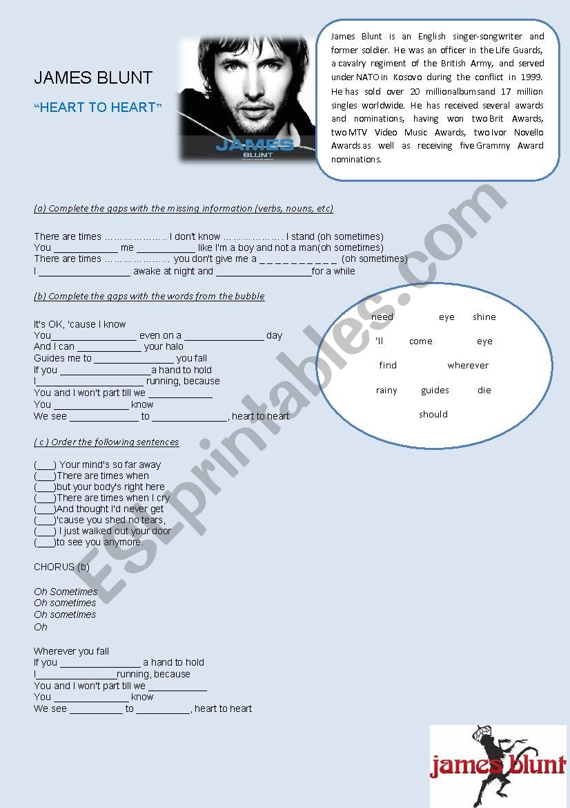 JAMES BLUNT - HEART TO HEART worksheet