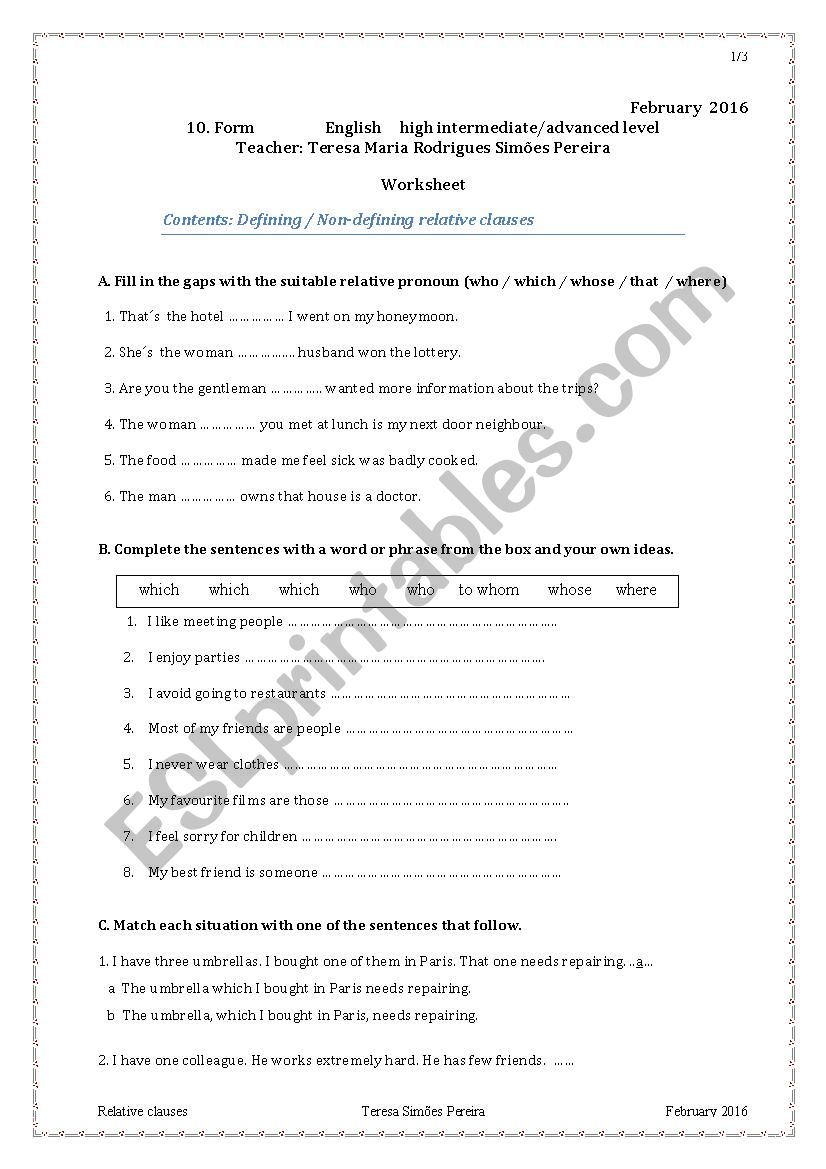 Defining and non-defining relative clauses