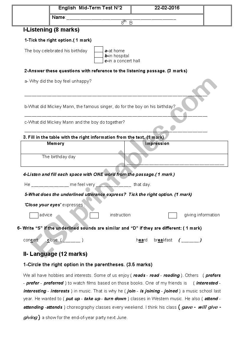 8th form mid term test 2  worksheet