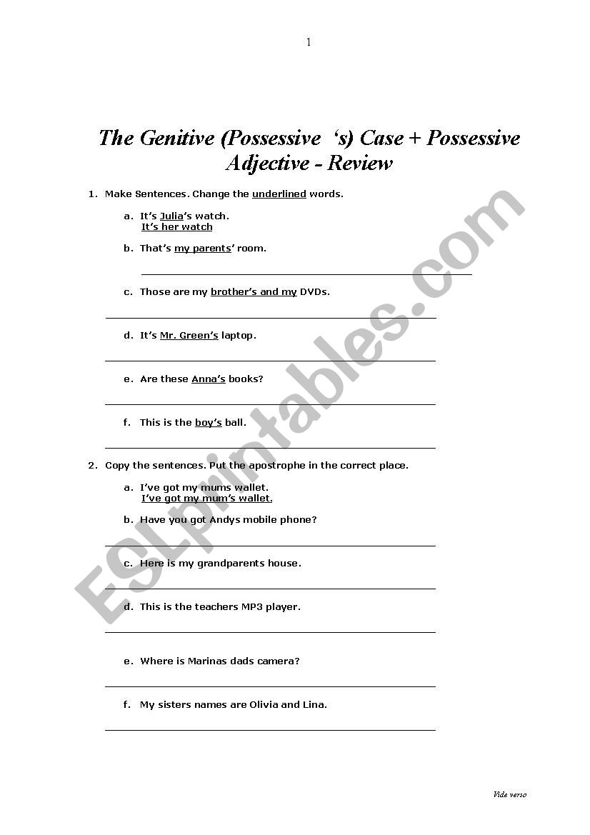 The Genitive Case (Possessive  s) + Possessive Adjective - Review