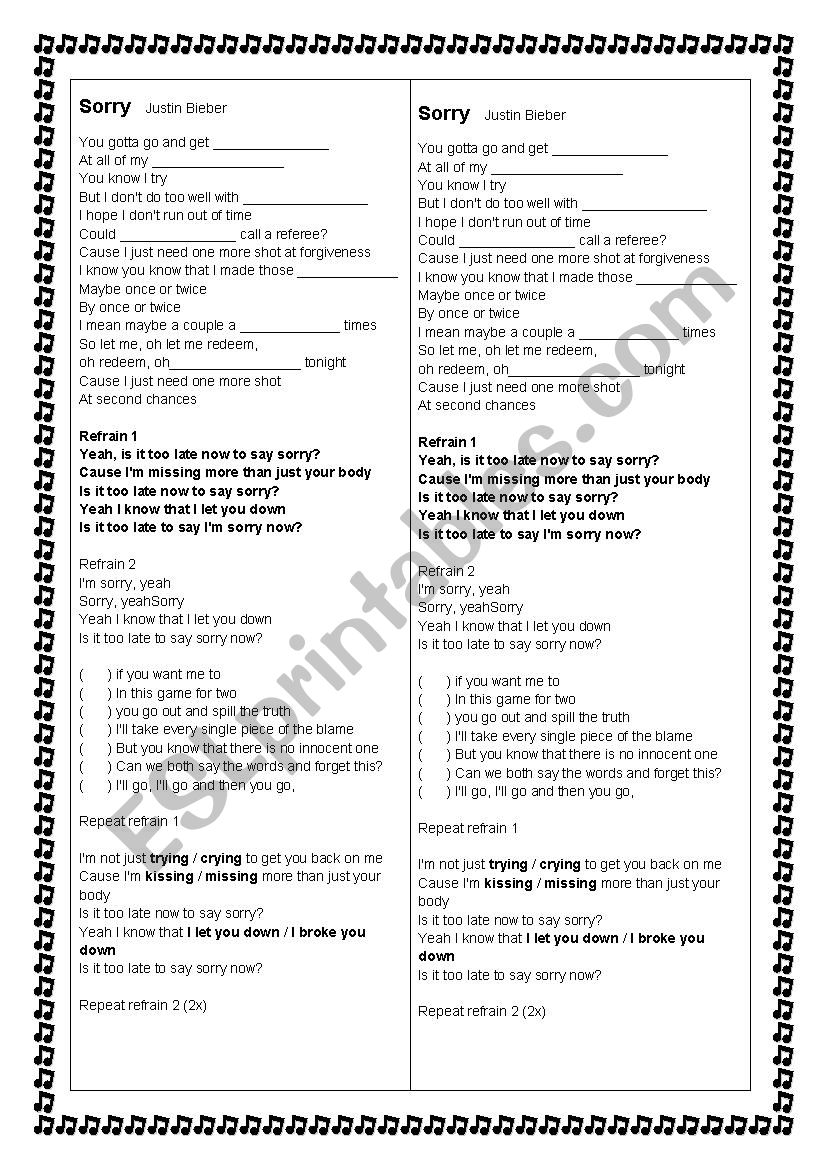 Song Worksheet: Sorry by Justin Bieber