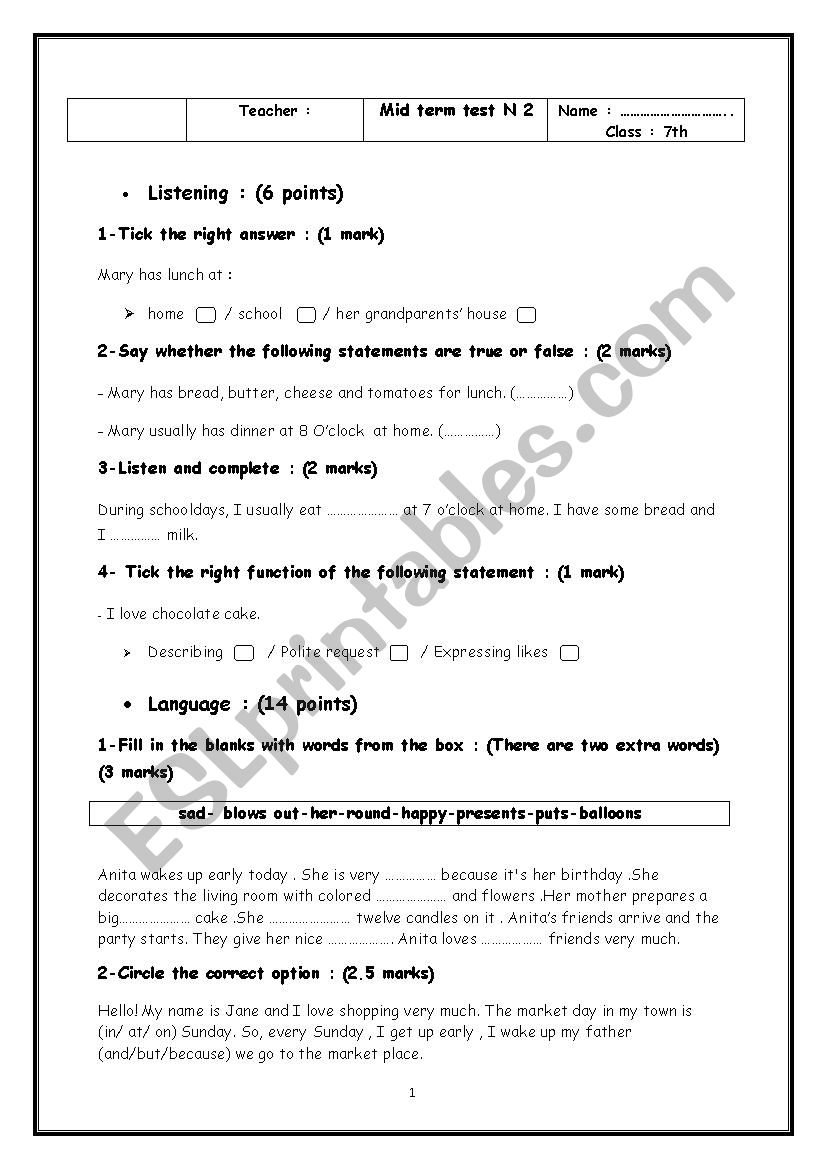 7th form mid-term test n2 worksheet