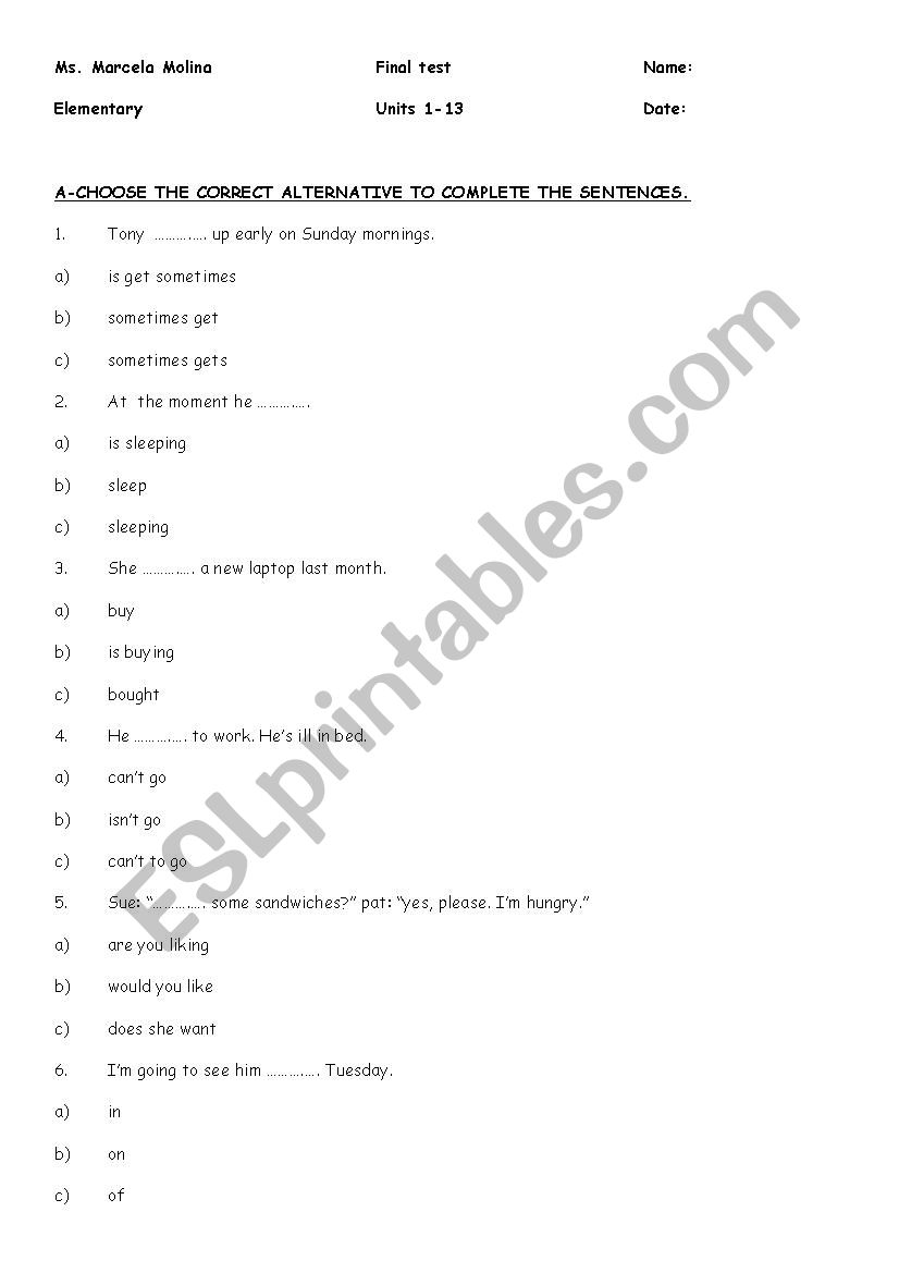 END OF TERM TEST- ELEMENTARY worksheet