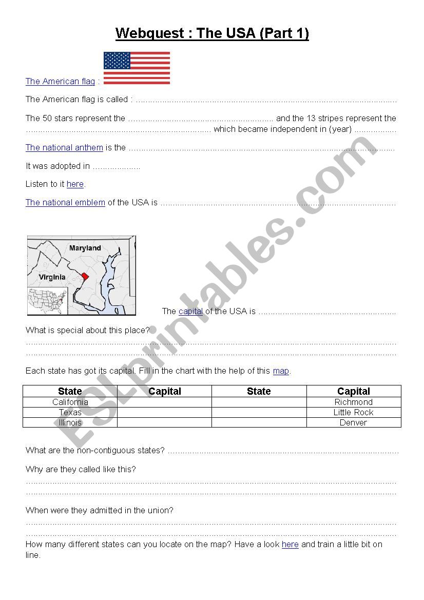 Webquest USA (Part 1) worksheet