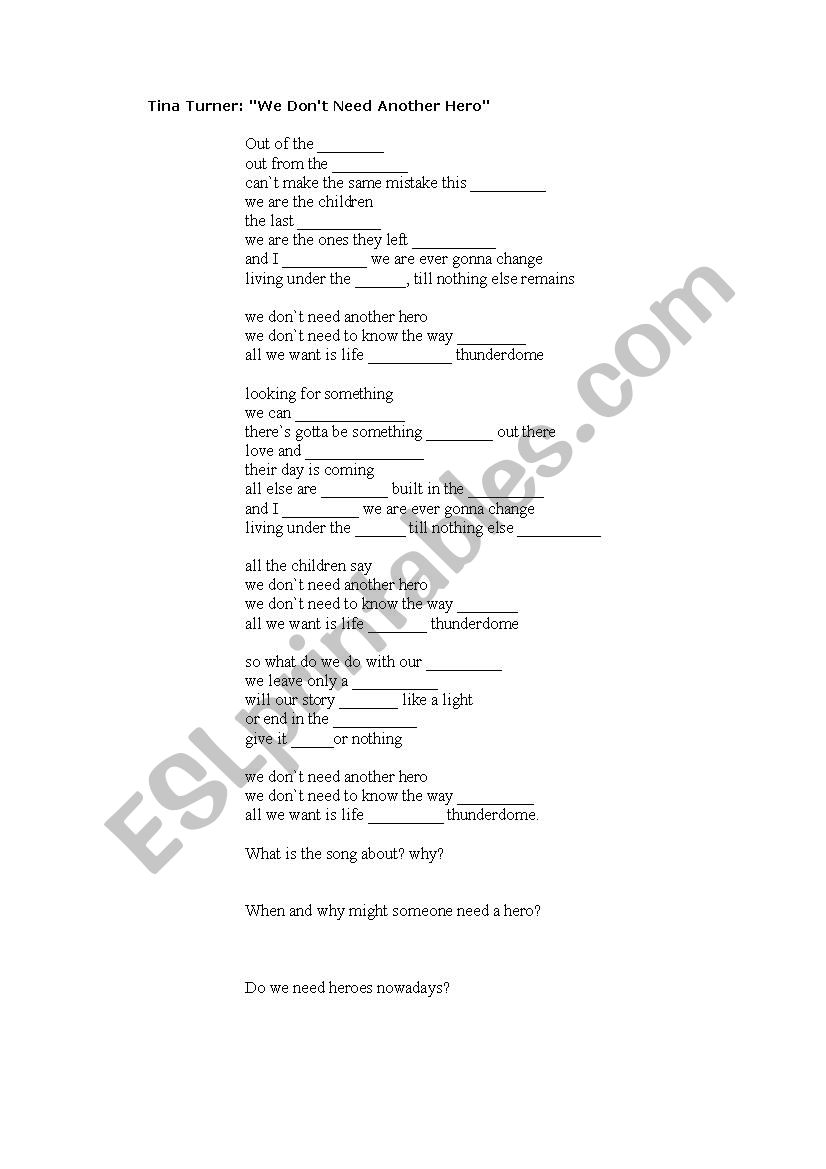 We dont need another hero worksheet