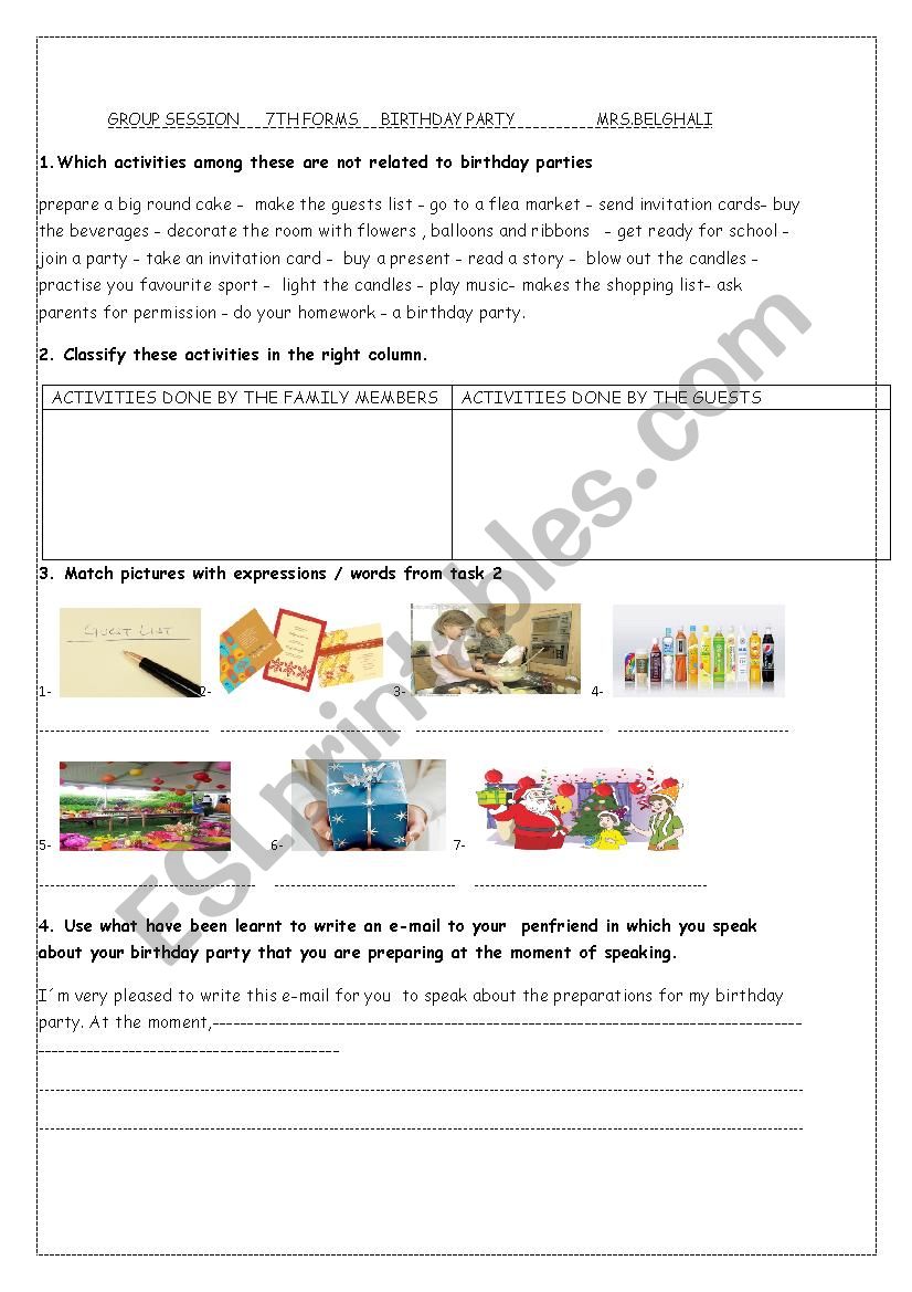 birthday party worksheet