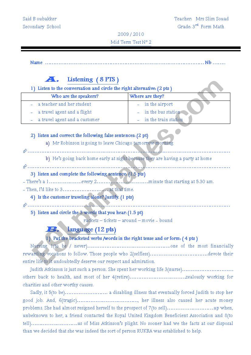 3rd Form mid term test 2 worksheet