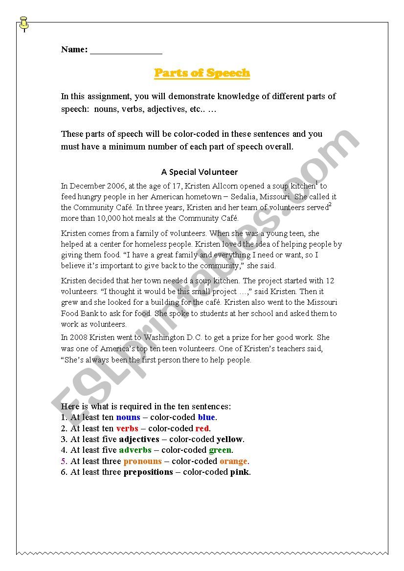 Parts of Speech  worksheet
