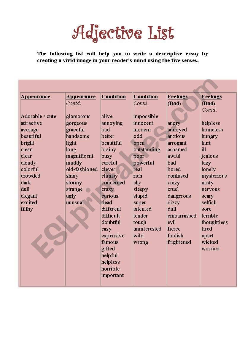 Adjective List  worksheet