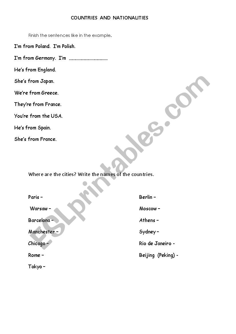 Countries and nationalities worksheet