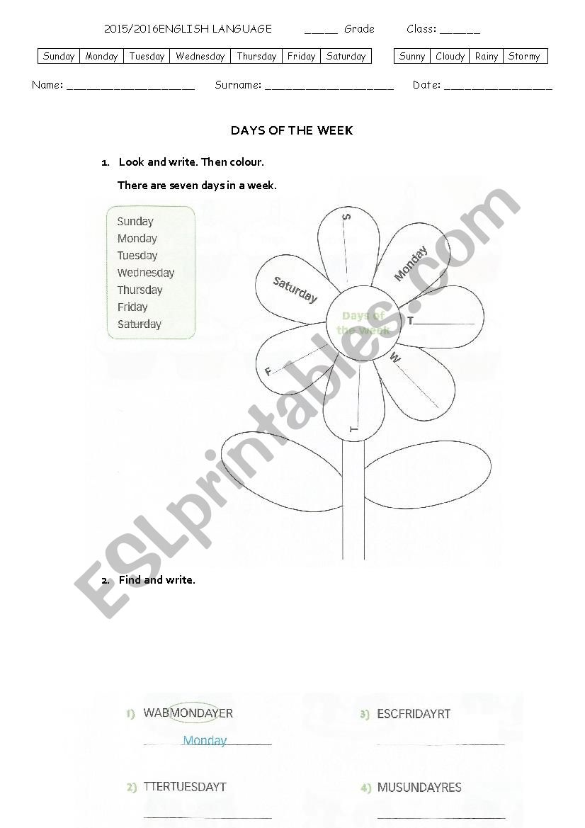 Days of the week worksheet