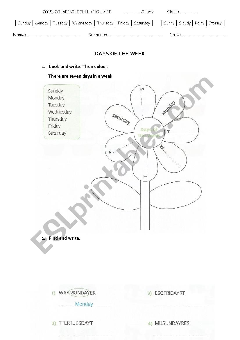 Days of the week worksheet