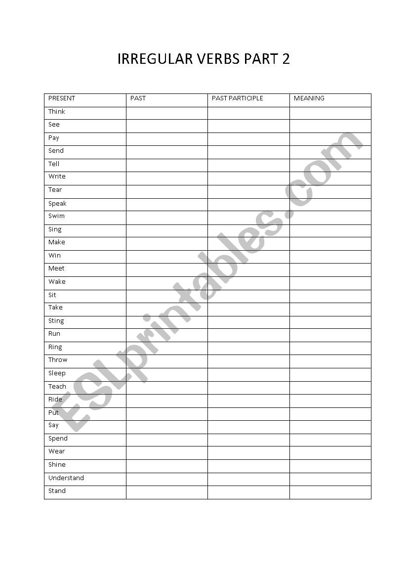 Irregular Verbs Quiz 2 worksheet