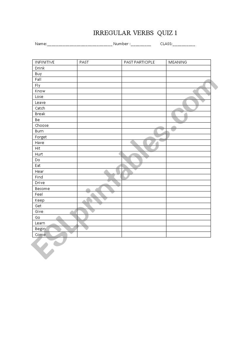 Irregular Verbs Quiz 1 worksheet